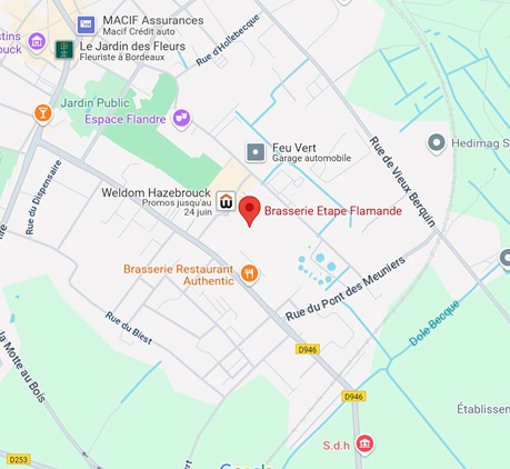 Carte de Hazebrouck: Brasserie Etape Flamande (point rouge), près de Weldom, Feu Vert, Rue de Vieux Berquin et Jardin Public Espace Flandre.
