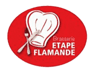 Logo ovale rouge de la Brasserie Étape Flamande, avec une toque de chef blanche, fourchette et couteau croisés.