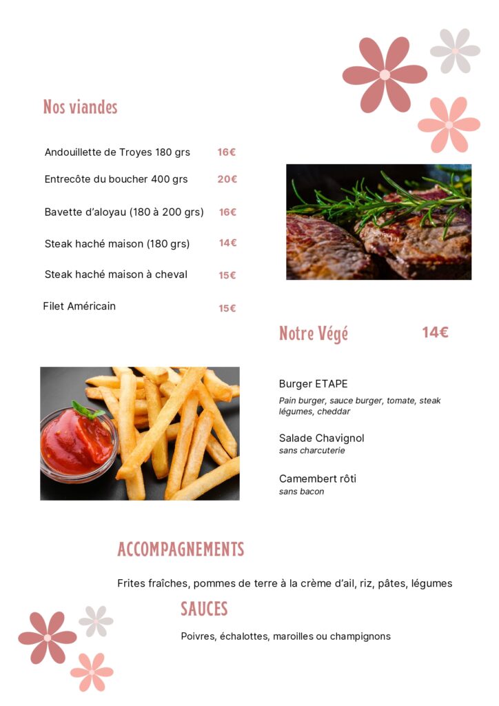 Menu restaurant: viandes (steaks), végétarien (burger), accompagnements (frites), sauces. Tarifs 14-20€. Avec steaks grillés, frites et fleurs décoratives.