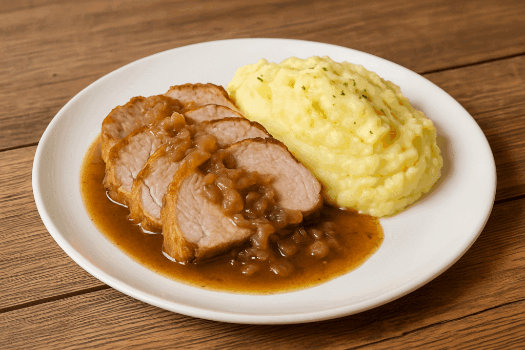 Filet Mignon, Purée et Sauce aux Oignons Réconfortants Quatre tranches de filet mignon de porc nappées de sauce aux oignons et accompagnées d'une généreuse portion de purée de pommes de terre sur une assiette blanche.