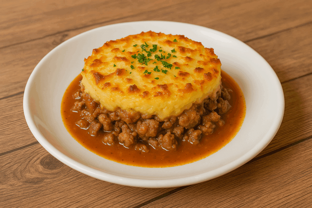 Hachis Parmentier : Plat Classique avec Croûte Dorée Hachis Parmentier individuel, viande hachée en sauce brune sous une purée gratinée au four, garni de persil, servi sur une assiette blanche.