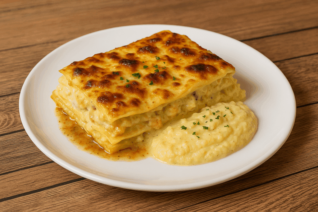 Lasagne Crémeuse Gratinée et sa Purée d'Accompagnement Lasagne gratinée riche et crémeuse, garnie de fruits de mer ou de poulet, servie avec une purée onctueuse parsemée de persil.