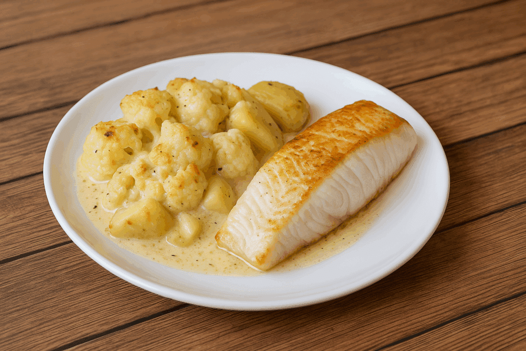 Poisson et Chou-fleur Gratinés: Plat Élégant Filet de poisson blanc grillé sur une assiette blanche avec des pommes de terre et du chou-fleur gratinés à la crème.