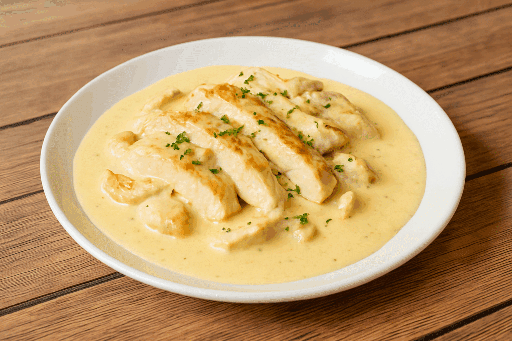 Poulet à la crème : Filets grillés décadents Filets de poulet grillés dans une sauce crémeuse jaune pâle garnie de persil frais, servis dans une assiette blanche sur une table en bois.