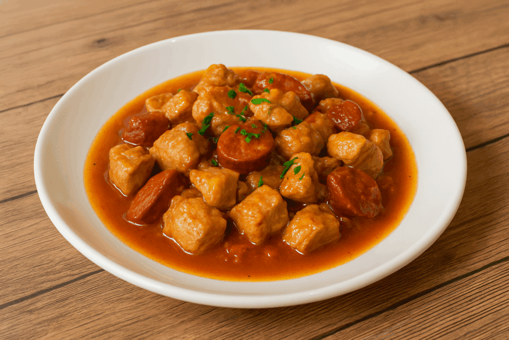Ragoût de Porc et Chorizo Épicé : Plat Traditionnel Dégustation de morceaux de porc et de rondelles de chorizo dans une sauce rouge épicée, servis dans une assiette blanche sur bois.