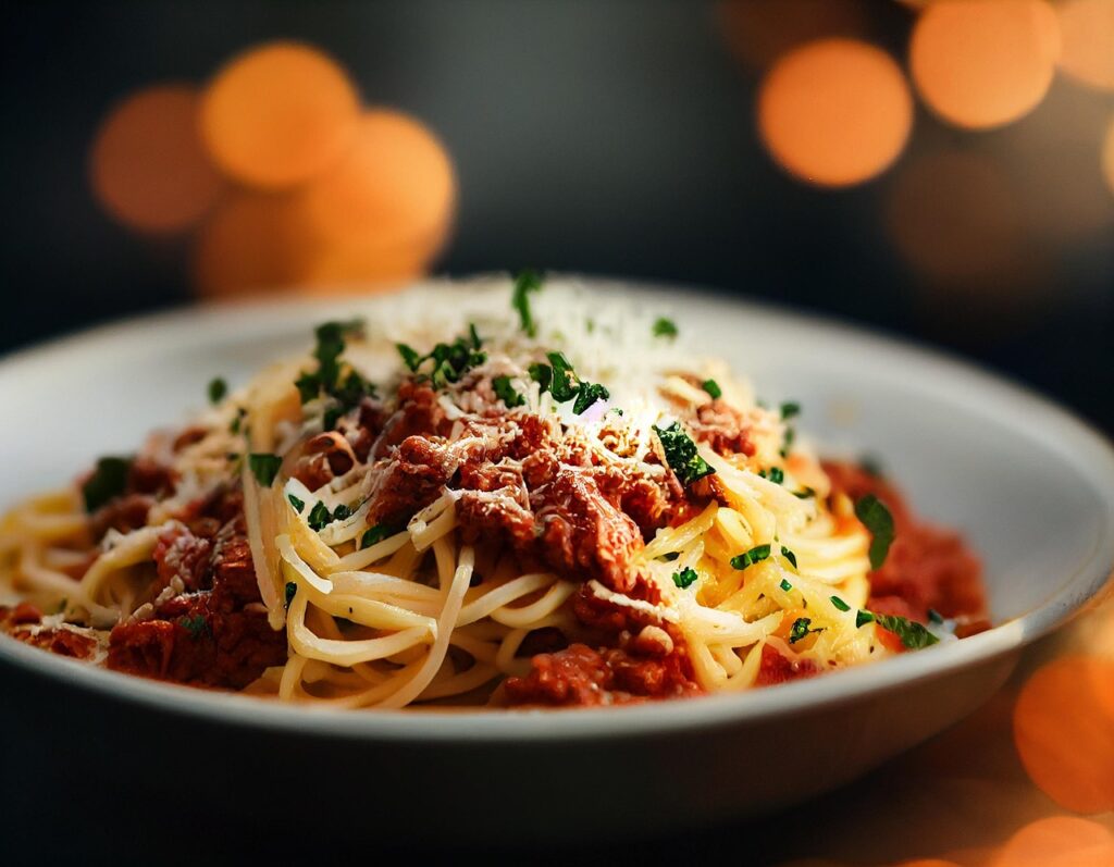 Délicieux Spaghetti Bolognaise Parmesan Frais Gros plan sur des spaghettis à la bolognaise généreusement garnis de parmesan râpé et de persil frais, sur fond bokeh chaleureux.