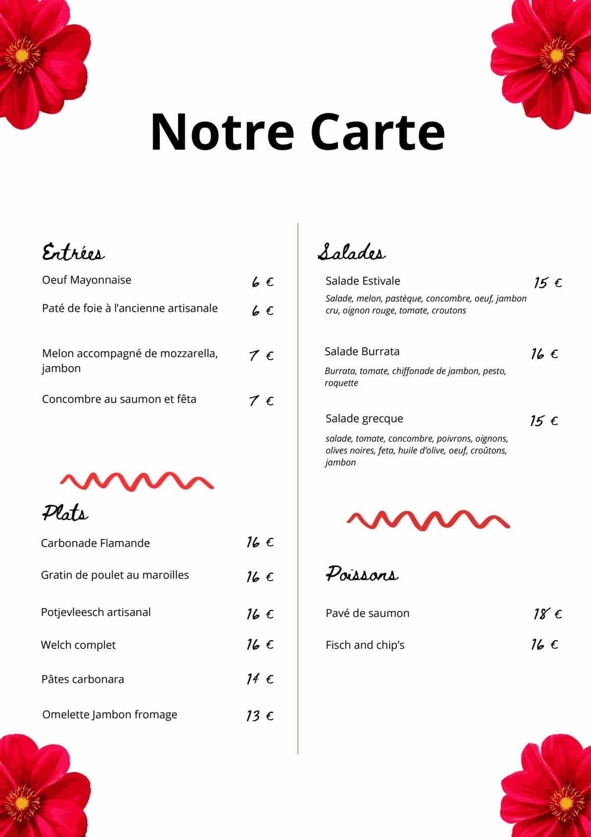 Menu Notre Carte proposant entrées, plats, salades et poissons. Design floral rouge élégant avec tarifs détaillés.
