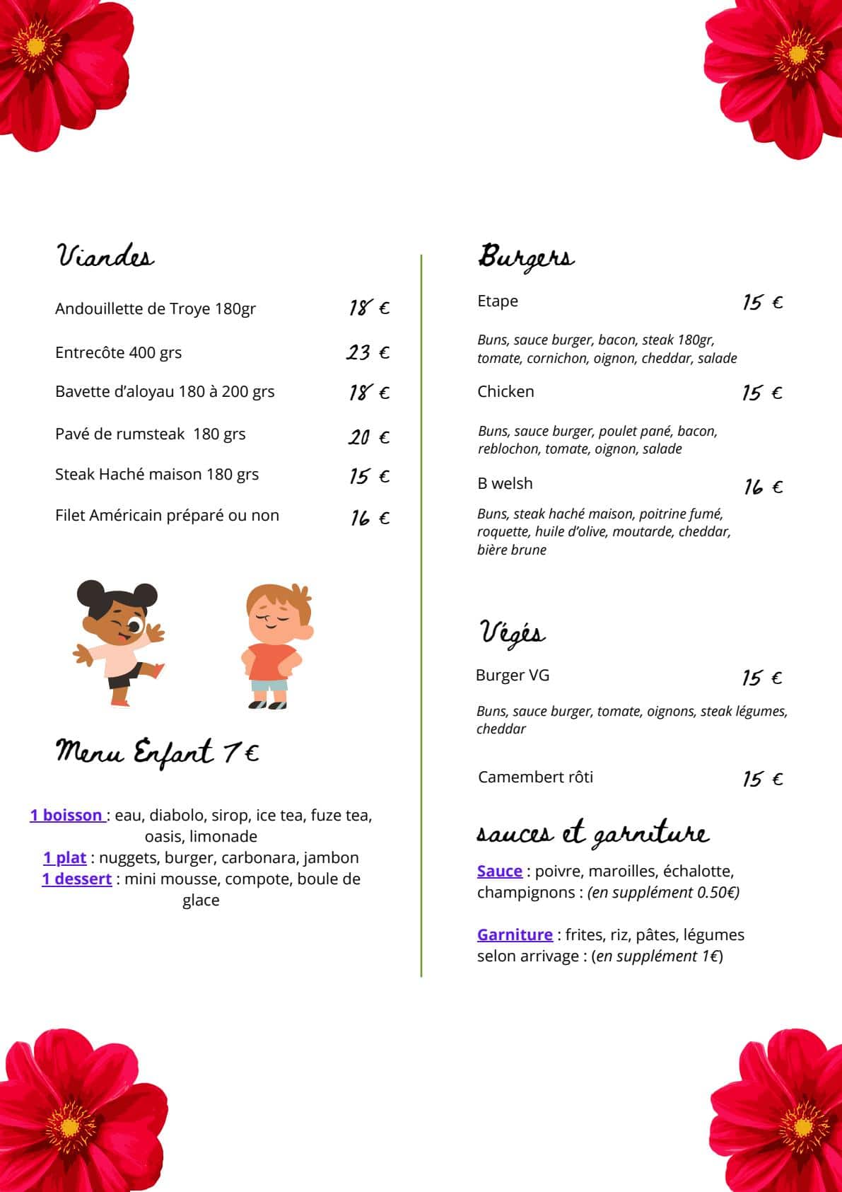 Menu de restaurant illustré proposant viandes, burgers et plats végétariens. Menu enfant à 7€ et décor de fleurs rouges.