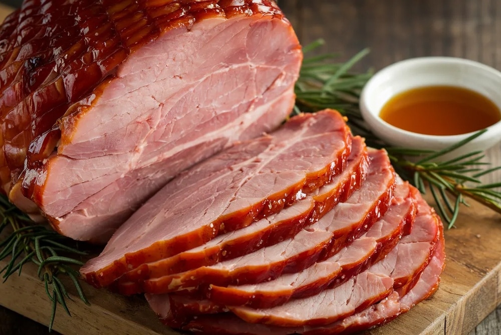 Jambon Glacé au Miel : Le Régal pour vos Repas de Fête Jambon rôti glacé au miel tranché, garni de romarin frais sur une planche en bois rustique.